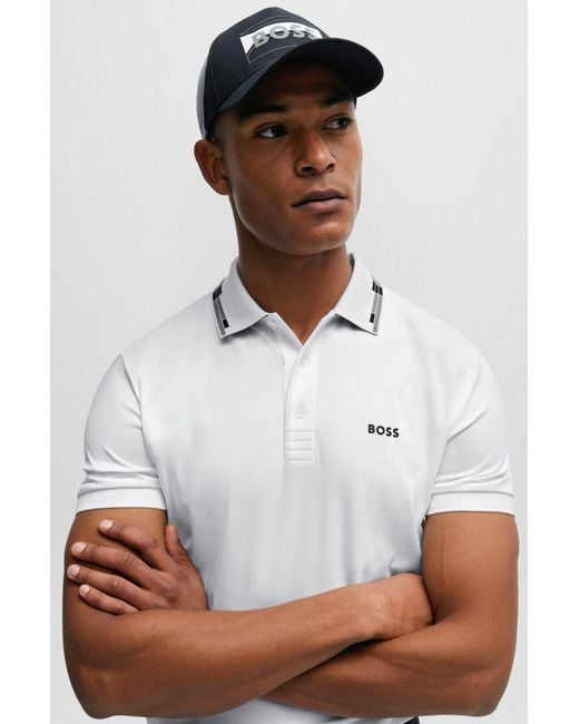 Boss White Interlock-cotton Slim-fit Polo Shirt With Collar Graphics for men
