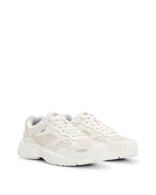 Boss White Running-inspired Trainers In Mixed Leathers for men
