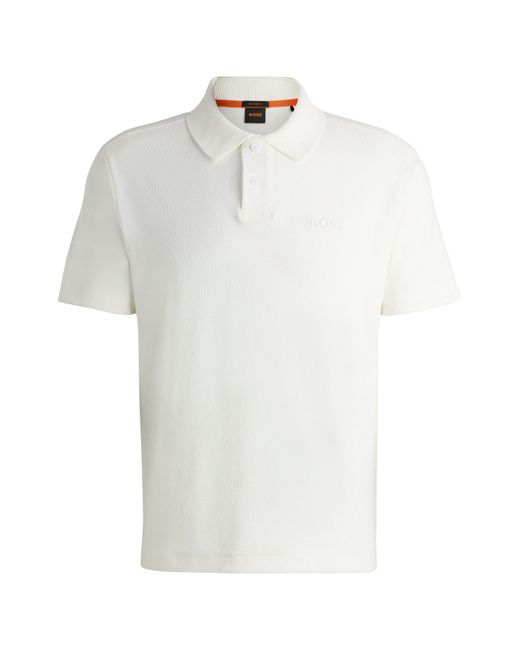 Boss White Cotton-towelling Polo Shirt With Mixed-technique Logo for men