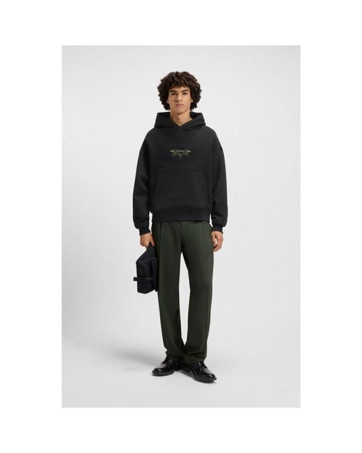 HUGO Black Cotton-Terry Hoodie With Embroidered Artwork for men