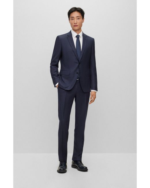 Boss Blue Slim-fit Suit In Checked Stretch Wool for men