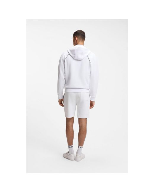 Boss White Cotton-Blend Zip-Up Hoodie With Piping Details for men
