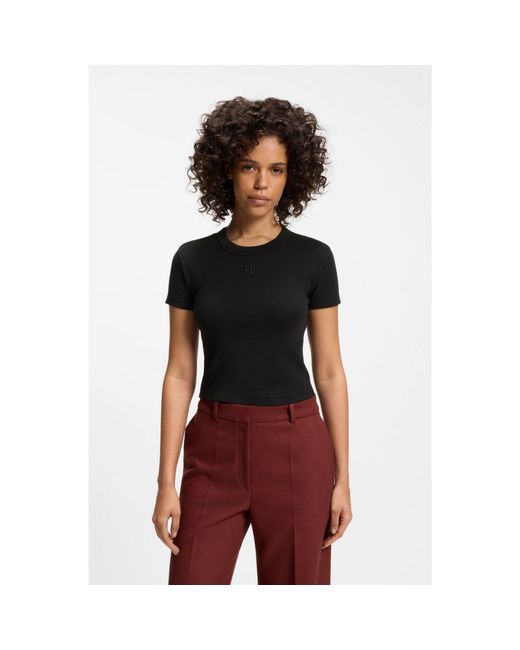 HUGO Black Cotton-Blend Slim-Fit T-Shirt With Embroidered Logo