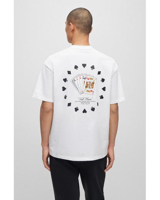 HUGO White Cotton-jersey T-shirt With Playing-cards Artwork for men