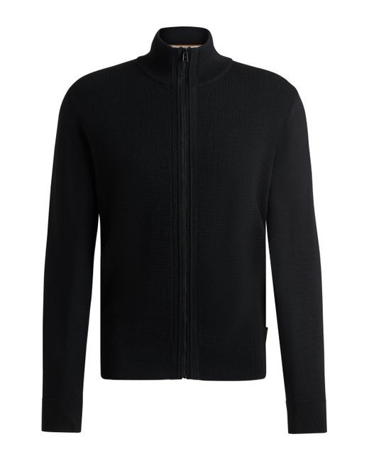 Boss Black Zip-up Cardigan In Wool With Mixed Structures for men