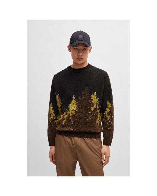 Boss Brown Relaxed-Fit Sweater With Forest Jacquard for men