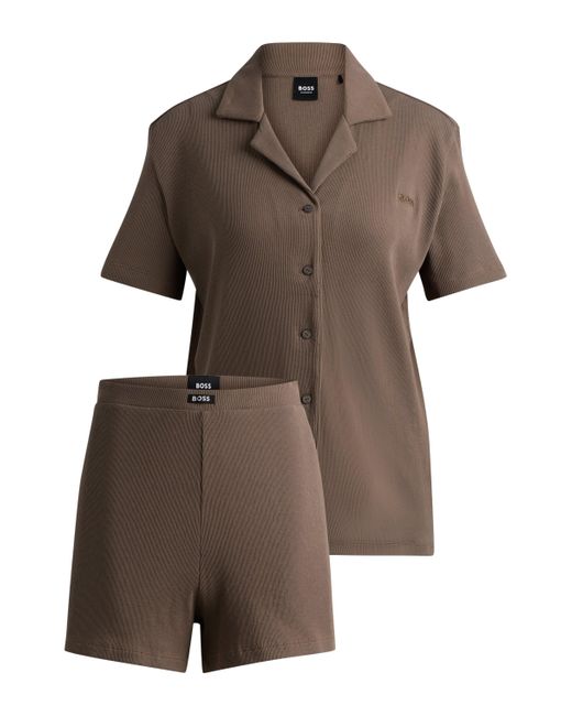 Boss Brown Gerippter Pyjama aus Baumwolle mit Logo-Details und Seitenschlitzen