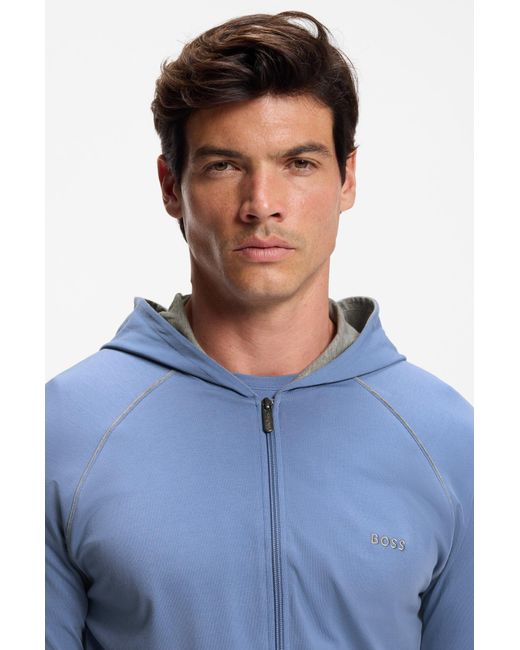Boss Hoodie Van Stretchkatoen Met Rits En Contrastbiezen in het Blue voor heren