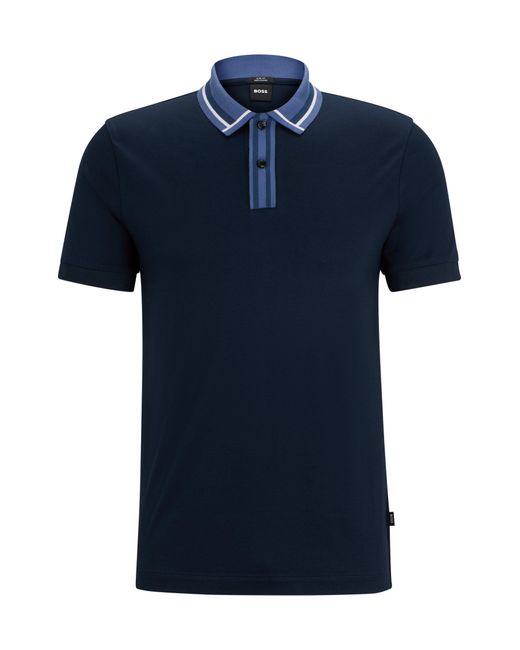 Boss Blue Mercerized-cotton Slim-fit Polo Shirt With Contrast Stripes for men