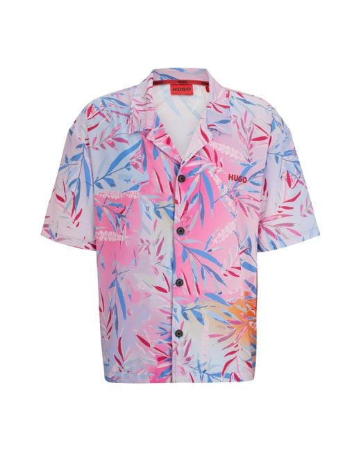 HUGO Relaxed-fit Overhemd Met Korte Mouwen En Print in het Pink voor heren