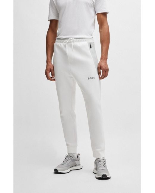 Boss White Cotton-blend Tracksuit Bottoms With 3d-moulded Logo for men