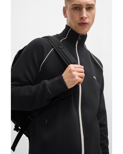 Boss Sweatjacke aus Stretch-Baumwolle mit Reißverschluss, Paspeln und Logo in Black für Herren