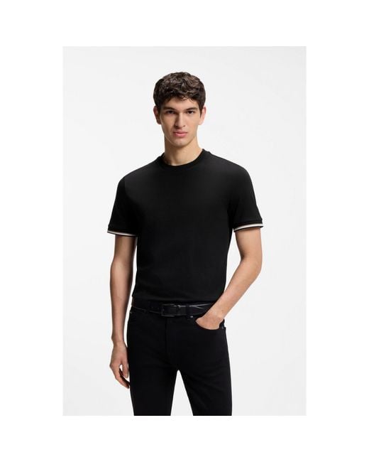 Boss Blue Cotton-Jersey T-Shirt With Signature-Stripe Cuffs for men