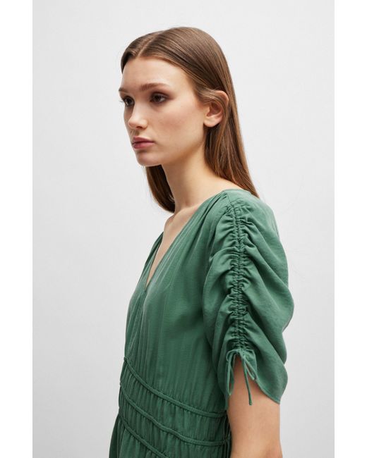 BOSS by HUGO BOSS Slim-fit Midi Dress With Gathered Sleeves in Green | Lyst