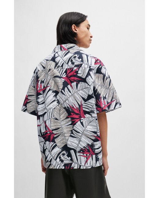 HUGO Oversized-fit Overhemd Van Katoenen Popeline Met Nieuwe Print in het Gray voor heren