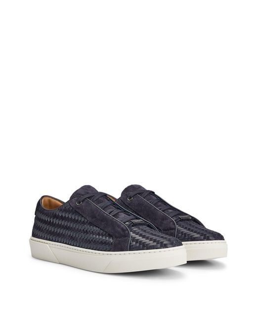 Boss Blue Gary Italian-made Woven Trainers In Leather And Suede for men