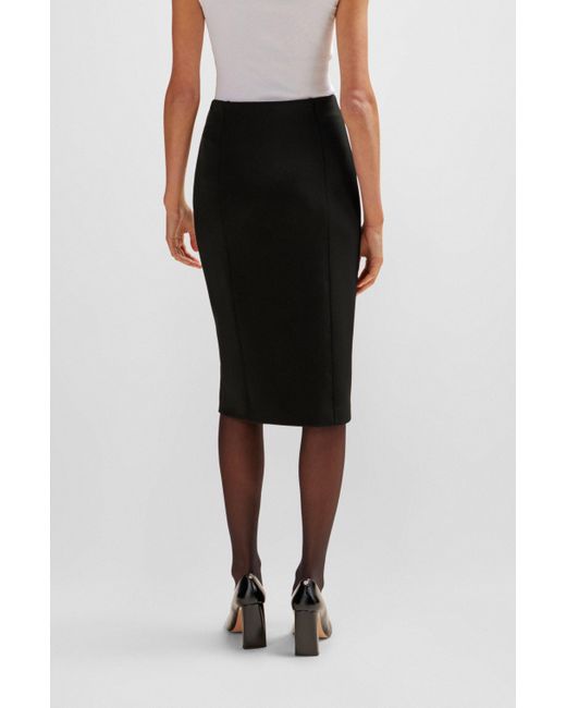 Boss Black Pencil Skirt In Stretch Fabric With Front Slit