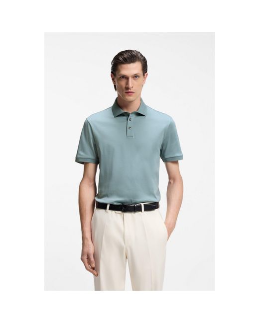 Boss Blue Mercerised Cotton Polo Shirt With Stand-Up Collar for men