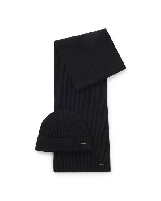 Boss Black Beanie Hat And Scarf Set for men