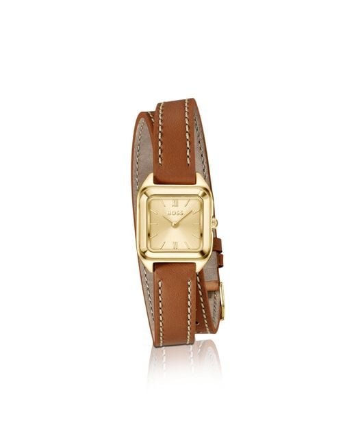 Boss Metallic Mae Petite Golden Watch With Double-Wrap Leather Strap