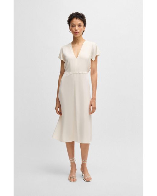 Boss White Kleid Aus Stretch-Gewebe Mit V-Ausschnitt