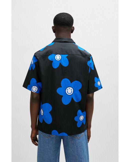 HUGO Oversized-fit Overhemd Van Katoenen Popeline Met Bloemenprint in het Blue voor heren