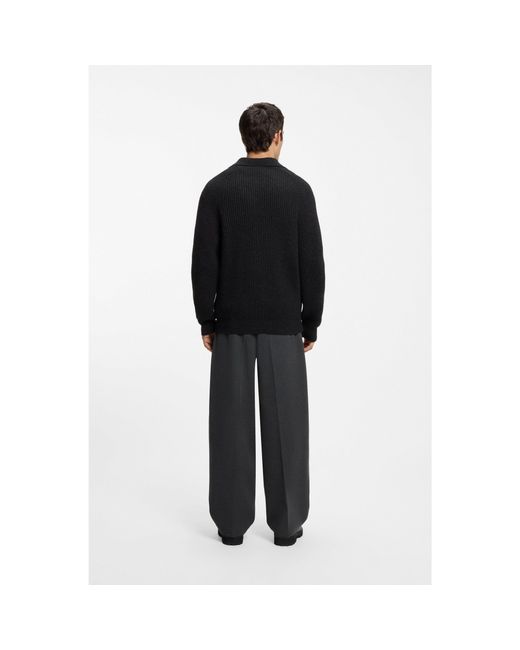 HUGO Black Virgin-Wool-Blend Cardigan With Shirt Collar for men