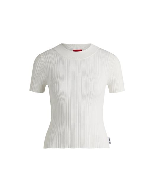 HUGO White Mock-Neck Knit T-Shirt With Irregular Ribbing