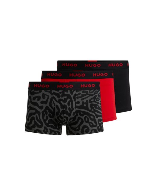 HUGO Black Three-pack Of Stretch-cotton Trunks With Logo Waistbands for men