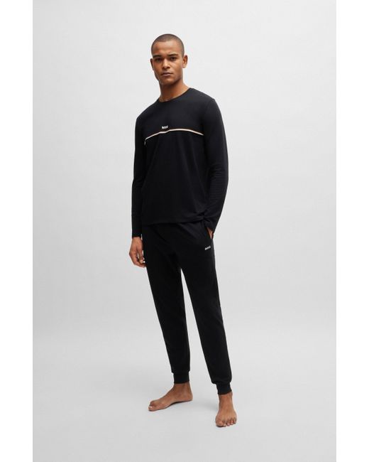 Boss Pyjamashirt Met Lange Mouwen, Kenmerkende Strepen En Logo in het Black voor heren