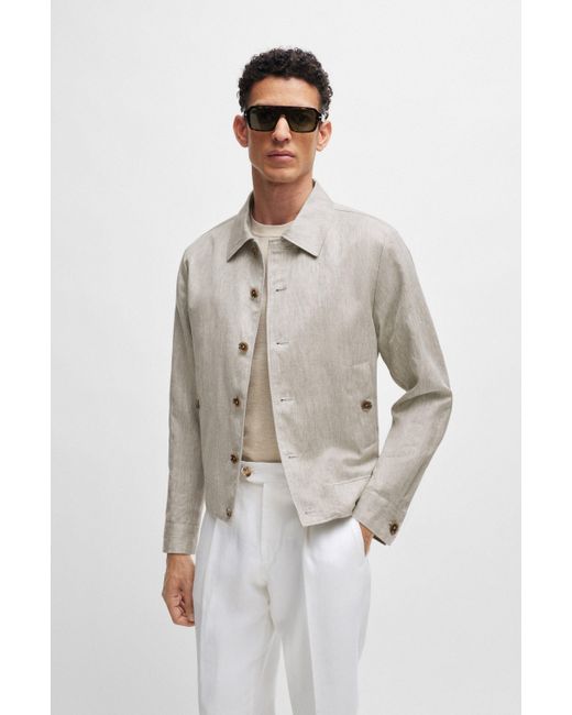 Boss White Slim-fit Jacket In Herringbone Linen And Silk for men