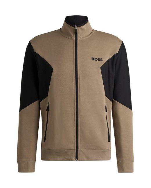 Boss Brown Cotton-blend Zip-up Sweatshirt With 3d-moulded Logo for men