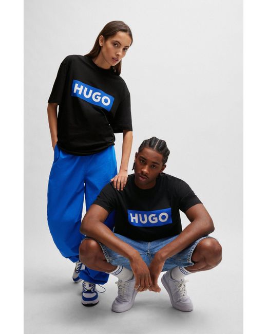 HUGO T-shirt Van Katoenen Jersey Met Blauw Logo in het Black voor heren