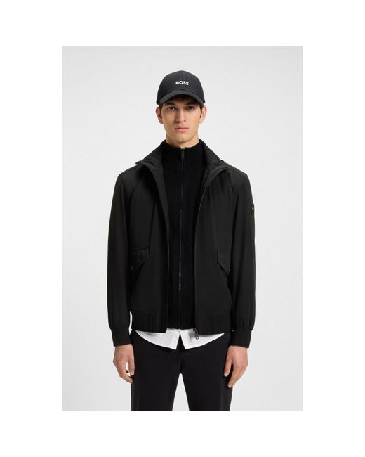 Boss Black Water-Repellent Aviator-Style Bomber Jacket With Packable Hood for men