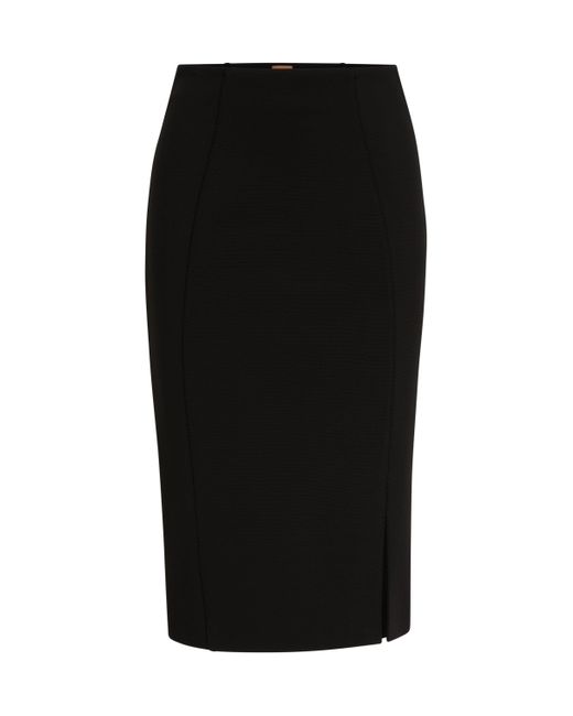 Boss Black Pencil Skirt In Stretch Fabric With Front Slit
