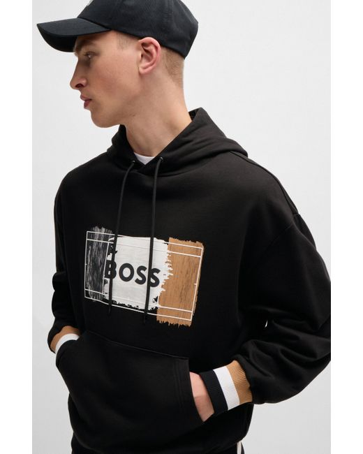 Boss Black Cotton-terry Hoodie With Signature Artwork for men