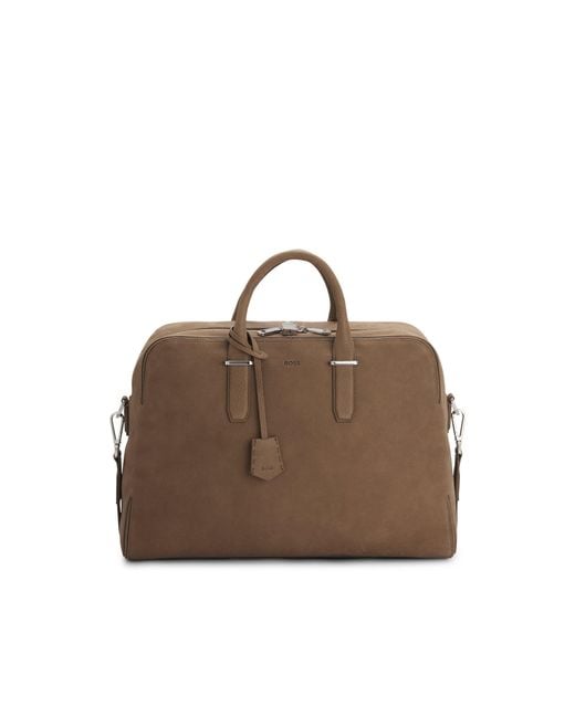 Boss Brown Grained Leather Holdall With Logo Keyholder for men