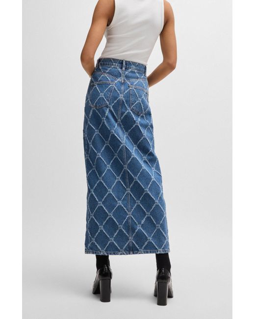 HUGO Blue Rigid-denim Maxi Skirt With Stacked-logo Pattern