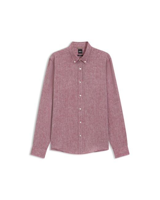 Boss Purple Regular-Fit Linen Shirt With Button-Down Collar for men