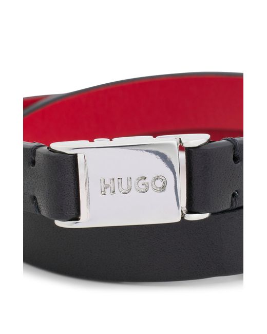 HUGO Red Double-wrap Italian-leather Cuff With Branded Closure for men