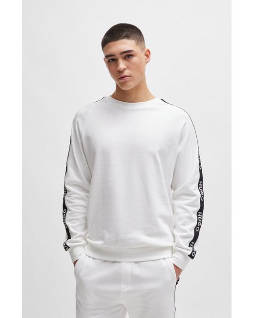 HUGO White Cotton-terry Sweatshirt With Logo Tape And Ribbed Cuffs for men