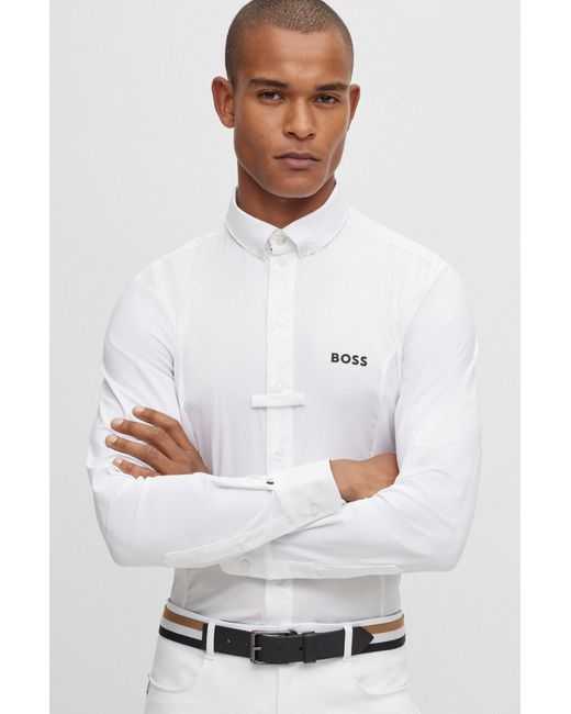 Boss White Equestrian Slim-fit Show Shirt In Mixed Materials for men