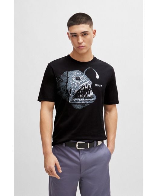 HUGO Black Cotton-jersey Regular-fit T-shirt With Seasonal Artwork for men