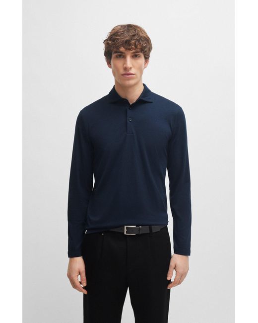 Boss Blue Slim-fit Polo Shirt With Long Sleeves for men