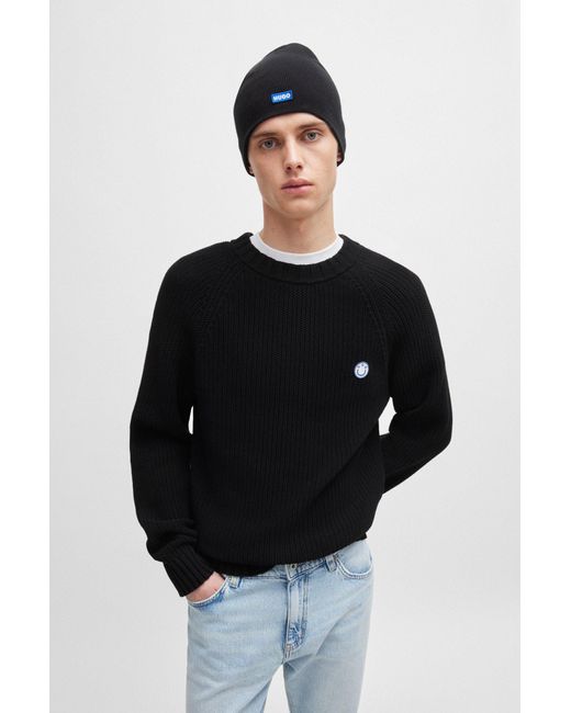 HUGO Black Ribbed-cotton Sweater With Logo Badge for men