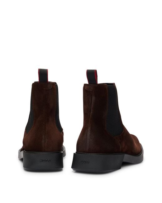 HUGO Brown Square-toe Chelsea Boots In Suede With Signature Details for men