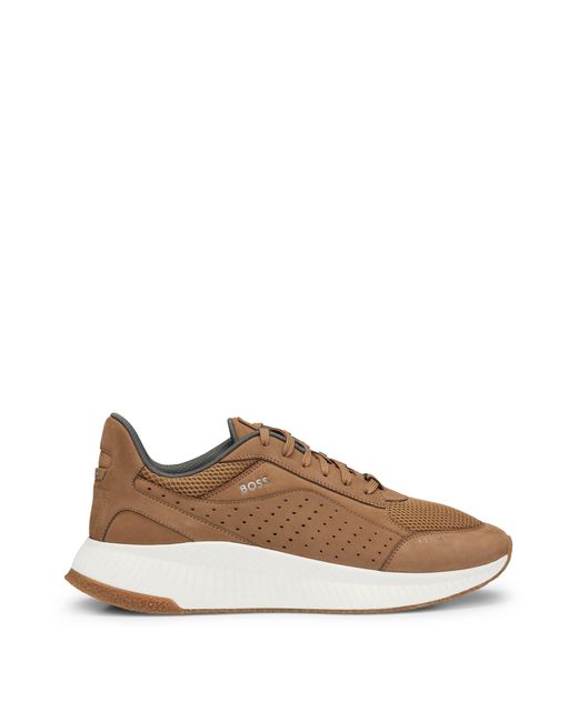 Boss Brown Ttnm Evo Leather Lace-up Trainers With Mesh Trims for men