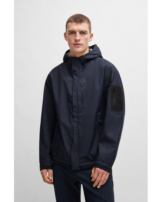 Boss Blue Water-repellent Hooded Jacket With Deed Details for men
