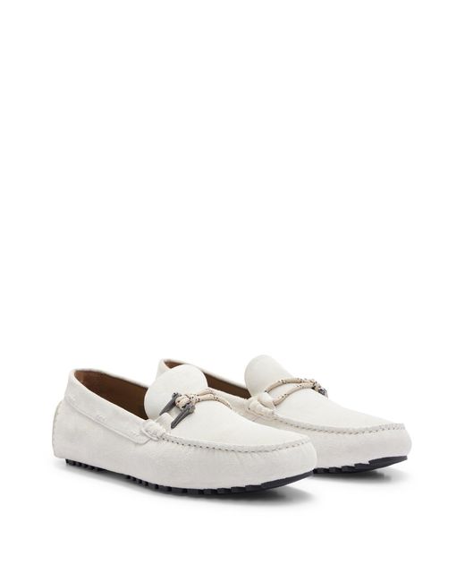Boss White Driver Moccasins In Suede With Cord And Hardware Details for men