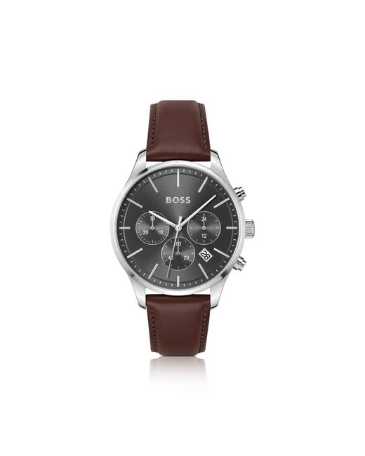 Boss Brown Stainless-Steel Chronograph Watch With Stitched Leather Strap for men